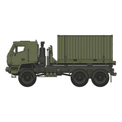 Obraz premium Detailed side view vector illustration of a heavy-duty military cargo truck in olive green camouflage transport