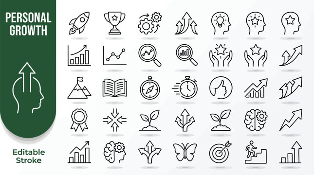 Vector line icon set of personal growth and self‑development concepts, editable stroke design, motivation, success, and mindset art