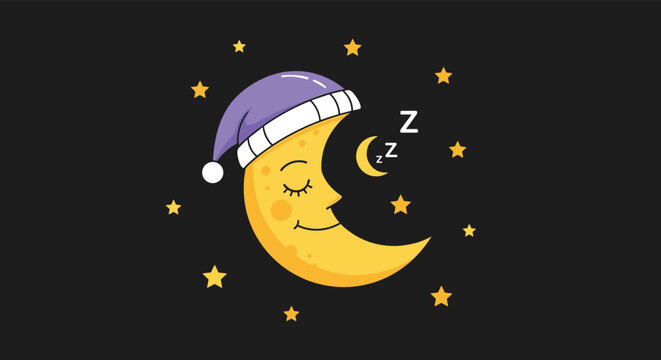 Cute crescent moon wearing a purple sleeping cap and sleeping soundly in the night sky surrounded by bright yellow stars.