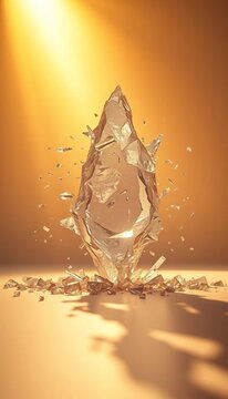 Crystalline structure implodes, shards suspended in a radiant, minimalist void,  light,  abstract