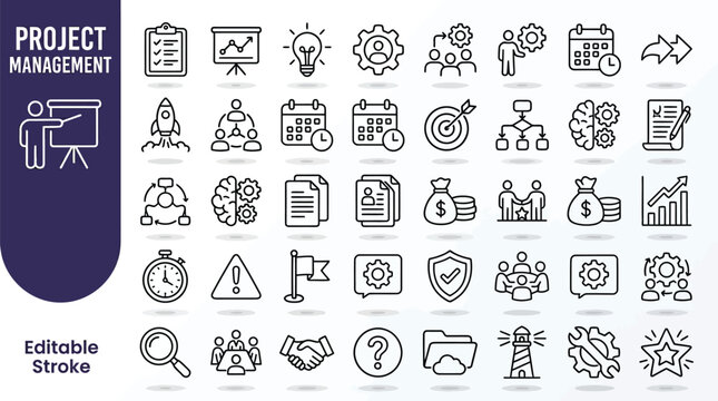 Vector line icon set of project management and productivity concepts, editable stroke design, planning, teamwork, and business strategy art