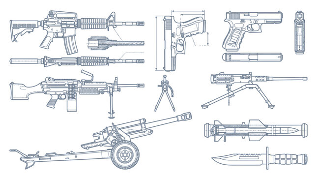 Blue technical blueprints vector illustration featuring various military firearms, pistols, rifles, machine guns, artillery, and combat knives