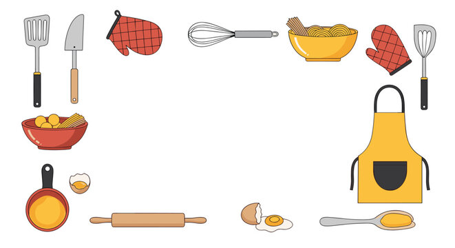 Cooking and baking kitchen tools frame template with spatula whisk pan bowl apron rolling pin and cracked egg.