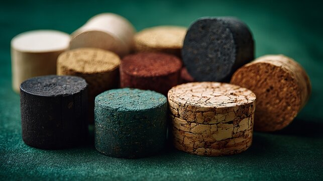 Assorted wine corks in various colors and textures, a close-up still life showcasing the natural beauty of cork