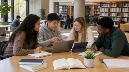 Fototapeta premium Diverse college students collaborate around a laptop and tablet in a modern library, ideal for promoting education, teamwork, campus life, or digital learning.