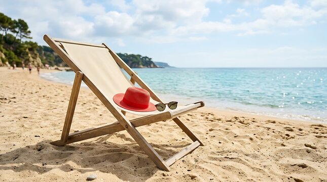 A red sun hat and sunglasses resting on a wooden beach chair on a sandy shore by the sea