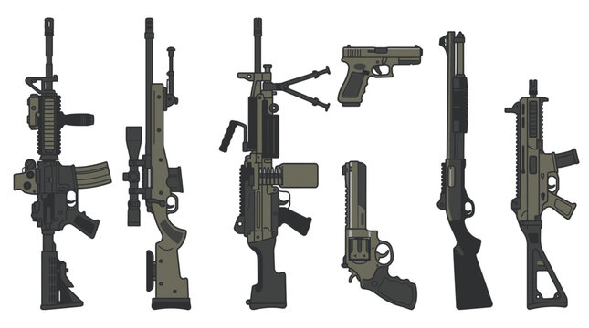 Modern military weapons collection on display in a neutral environment