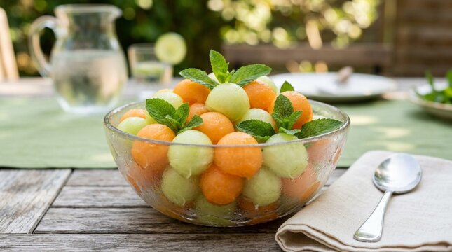 A chilled glass bowl of cantaloupe and honeydew melon balls with fresh mint sits on a rustic outdoor table, ideal for healthy summer dining promotions.
