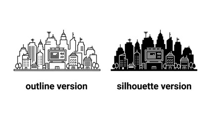 Obraz premium Cityscape Outline and Silhouette: Two distinct styles, an outline and a silhouette, showcase a modern cityscape with varied building heights, antennae, and visible screens.