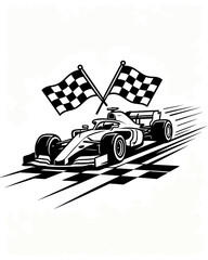 Obraz premium Dynamic black and white vector illustration of a Formula 1 racing car crossing the finish line with crossed checkered flags.