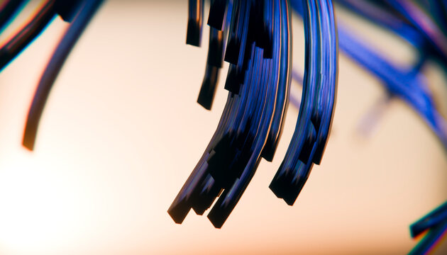 Abstract dynamic 3d rendering of suspended blue curved strands