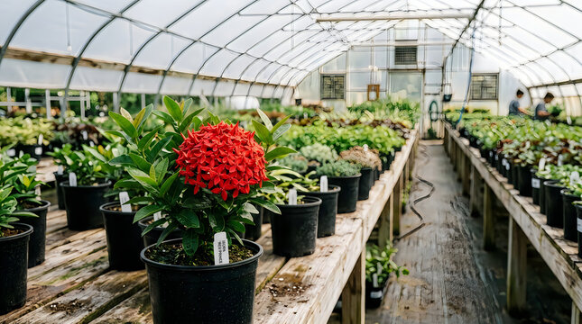 Red ixora flower blooming inside a large commercial plant nursery