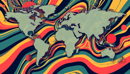 Vibrant world map with swirling psychedelic colors and abstract red spheres creating a dynamic global illustration. © Bibit