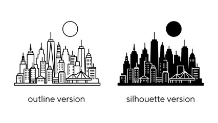 Obraz premium Cityscape Contrast: A comparison of a detailed outline cityscape against a solid black silhouette, both featuring a collection of modern skyscrapers under the contrasting presence of a sun and moon.