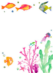 Fototapeta premium 水彩海洋生物イラストセット（熱帯魚・クラゲ・泡）フレーム/Watercolor Marine Life Set – Tropical Fish, Jellyfish and Bubbles