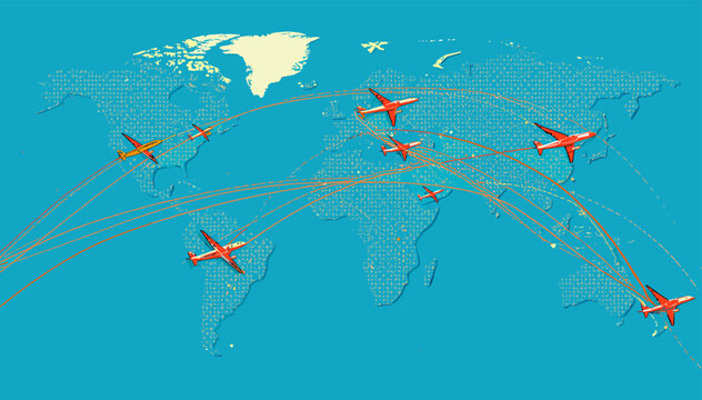 Global air travel network illustration with airplanes flying over a textured world map, depicting international routes and connectivity.