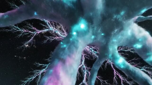 Neuron network firing with electric impulses 3D medical animation of brain cells transmitting signals in vibrant purple glow.