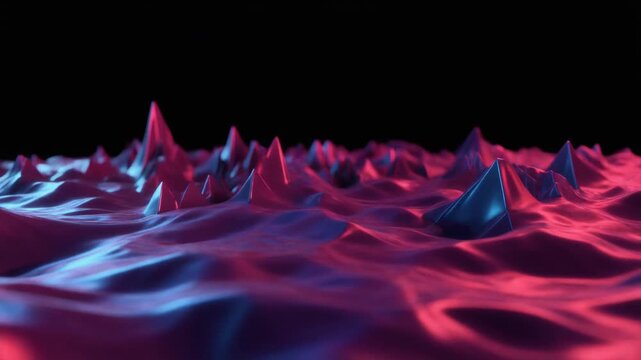 Abstract 3D Render of Spiky Undulating Liquid Surface with Vibrant Pink and Blue Neon Lighting Glow