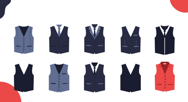 Stylish flat vector collection of ten elegant men waistcoats in shades of blue, grey, black, and a standout red vest.
