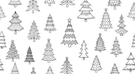 Obraz premium Winter forest seamless pattern featuring detailed hand-drawn black ink pine trees and Christmas trees on a white background.