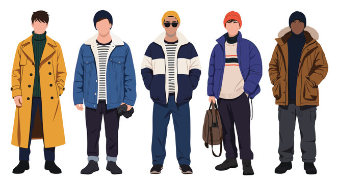Stylish fashion vector illustration of five men wearing various trendy winter and autumn coats, jackets, and hats.