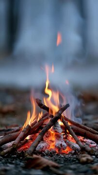 Cozy campfire burning in a forest at dusk, vertical video featuring glowing flames, warm embers, and a peaceful woodland atmosphere