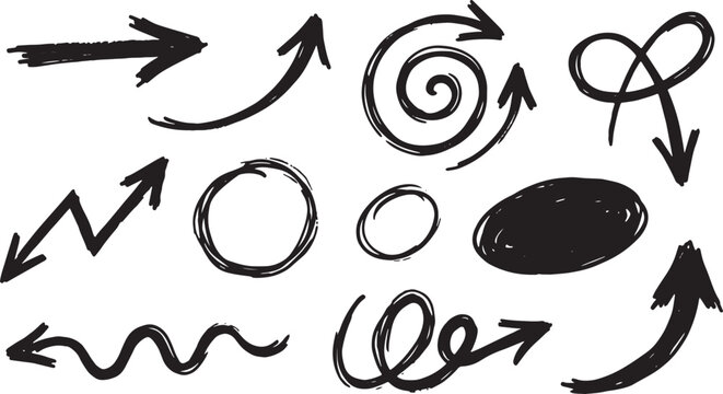 Black hand-drawn arrows, circles, and symbols on white background, spiral zigzag line