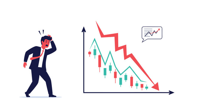 Anxious businessman holding his head in panic as he looks at the declining stock market graph with red candles.
