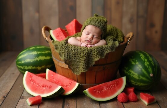 Newborn baby slepic in wooden bucket basket inside green knitted wrap. Cute infant wears hat during fruit themed photo session. Fresh red watermelon slices, whole berries decorate rustic studio