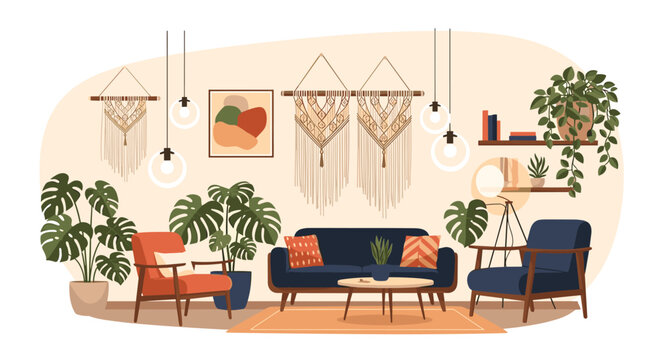 Cozy bohemian style living room with comfortable navy and red armchairs, large green houseplants, and woven macrame wall hangings.