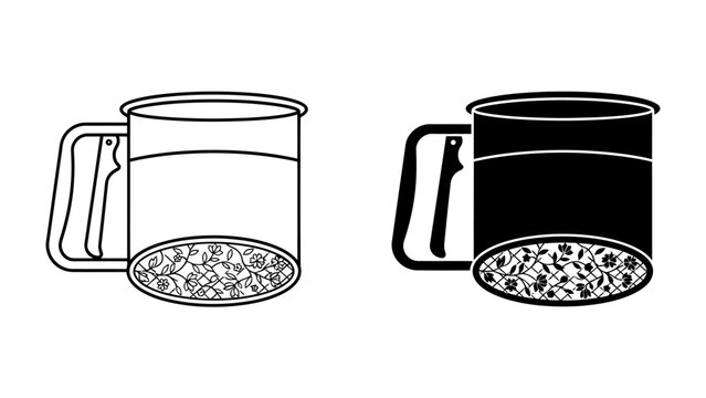 Flour Sifter Set: A set of two baking sieves, one outlined in black and white and the other in solid black, showing a sifter with flour inside, ready for baking.
