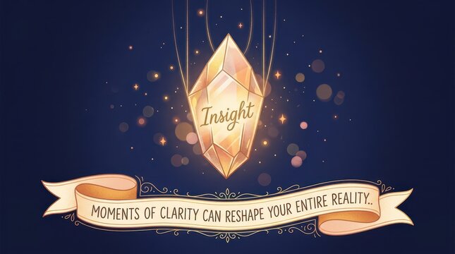 A glowing crystal pendant labeled 'Insight' hangs suspended, symbolizing clarity and transformation, with a banner stating 'Moments of Clarity Can Res