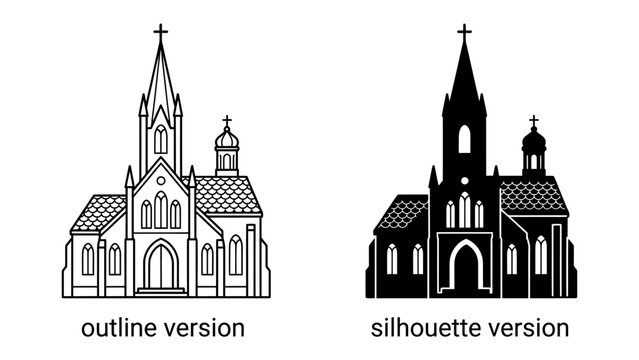 Church Building Outline and Silhouette: A church building shown in two styles, an outline version and a solid silhouette version, highlighting architectural details and form.