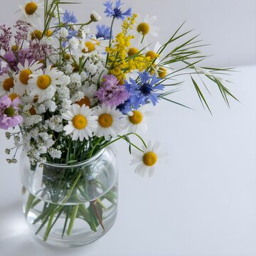Ramo fresco de flores silvestres con margaritas y centaureas en jarr&oacute;n de cristal