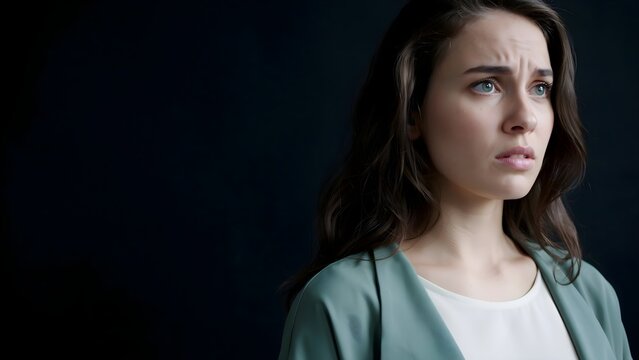 Retrato de mujer joven con expresi&oacute;n de preocupaci&oacute;n, miedo y ansiedad sobre fondo oscuro con espacio para texto