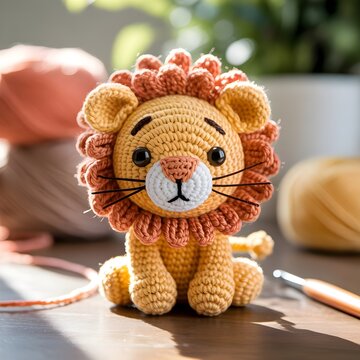 Adorable le&oacute;n de amigurumi hecho a mano, sentado sobre mesa de madera con ovillos de lana al fondo