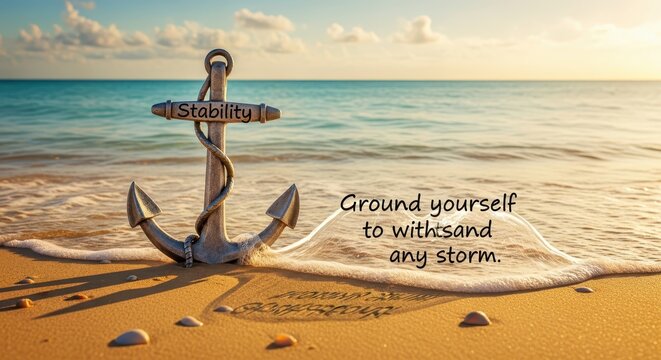 Anchor with the word stability on a beach, symbolizing grounding and resilience against storms with inspirational quote