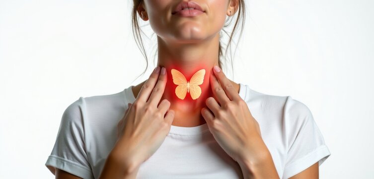 Woman touches neck to feel thyroid gland with butterfly shape sign. Female patient performs self palpation checkup for goiter swelling symptoms. Health diagnostic concept focused on endocrine system