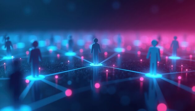 Abstract social network graphic with glowing human figures connected by digital lines. Blue, purple neon lights illuminate interconnected nodes in cyberspace system. Modern virtual web shows global