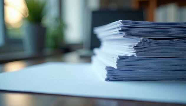 Neatly stacked pile of white paper sheets rests on modern office desk. Blurred background contains indoor workspace elements under soft natural sunlight. Pro documents file, report prepare for