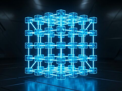 Glowing blue digital cube structure representing modern blockchain network data technology
