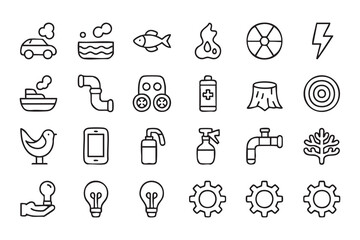 Fototapeta premium Sustainable Industry and Resource Management Outline Symbol Set