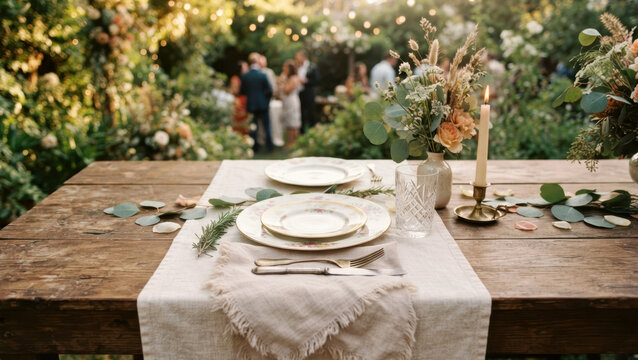Intimate backyard wedding tablescape with vintage plates, taper candles, bud vases, linen napkins, and greenery in golden hour light