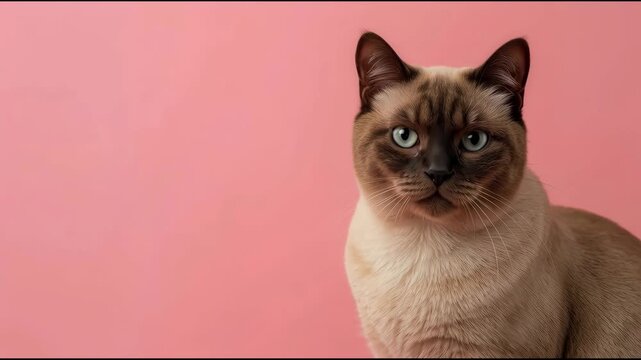 Siamese cat feline blue eye cream coat brown mask calm elegant portrait on pink backdrop