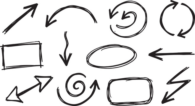 Hand-drawn arrows and geometric shapes in black ink circle square