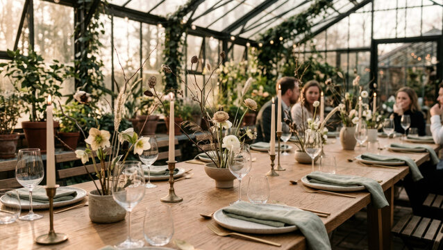 Intimate greenhouse wedding dinner with ikebana branch centerpieces, matte ceramic vessels, sage linen napkins, taper candles, and a long oak table with copy space.