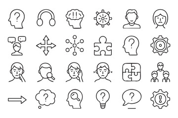 Fototapeta premium Psychology Line Icons with Questions, Emotions, Therapy and Problem Solving