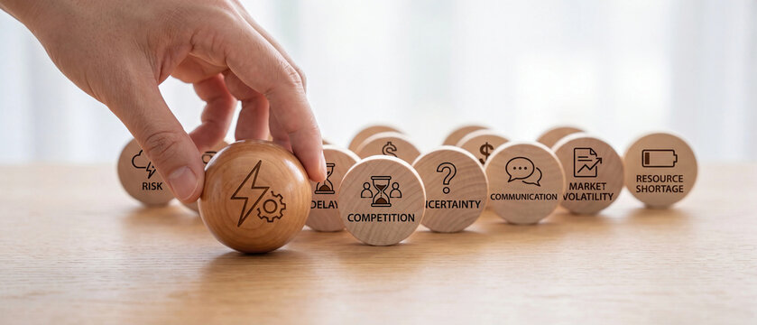 Hand placing a wooden sphere with a lightning bolt and gear icon among other wooden blocks representing business challenges