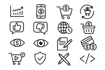 Fototapeta premium Online Shopping Line Icons with Payment, Checkout, Security and Customer Reviews