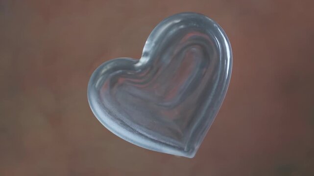 Heart-shaped glass object with swirling colors transitions from light to dark background, showcasing a smooth surface and reflective qualities in a visually engaging manner
